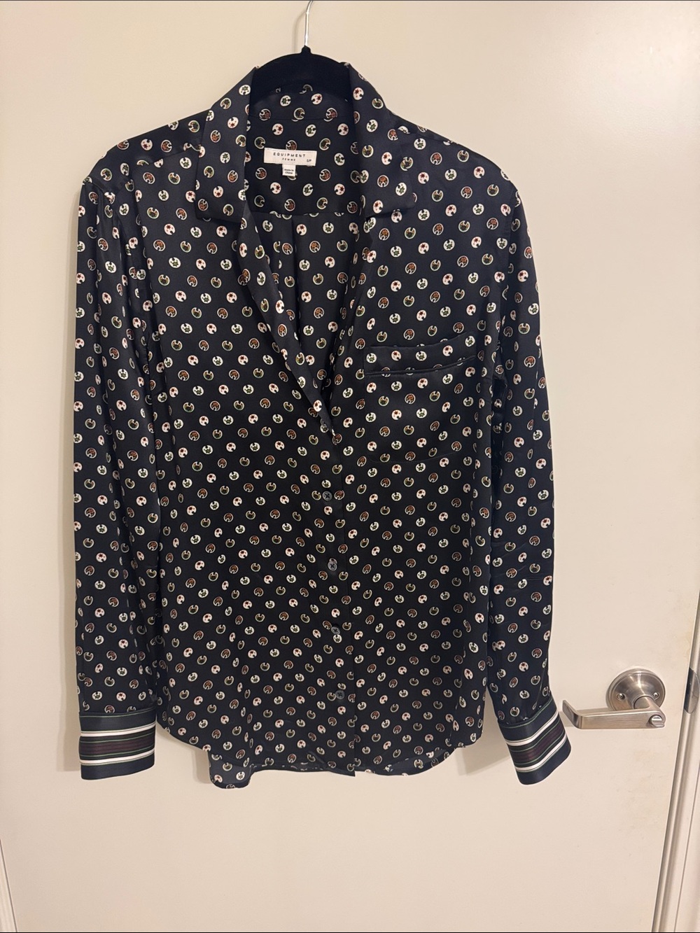 Equipment Black Silk Blouse with Tiny Cream & Multi colored Motif